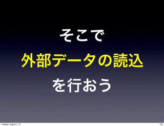 そこで
                        外部データの読込
                          を行おう

Tuesday, August 7, 12              102
 