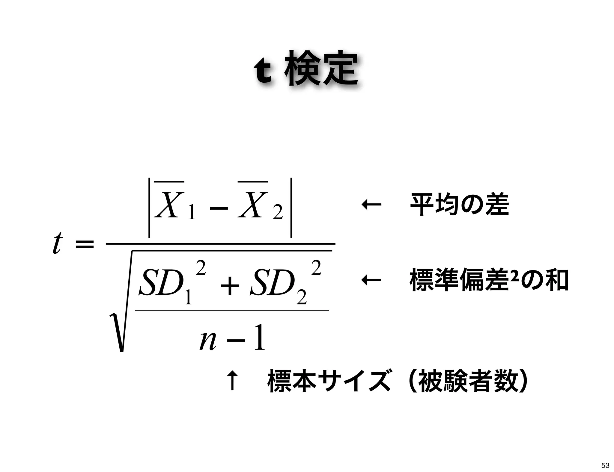 ← 平均の差
← 標準偏差2の和
1
2
2
2
1
21
−
+
−
=
n
SDSD
XX
t
↑ 標本サイズ（被験者数）
t 検定
53
 