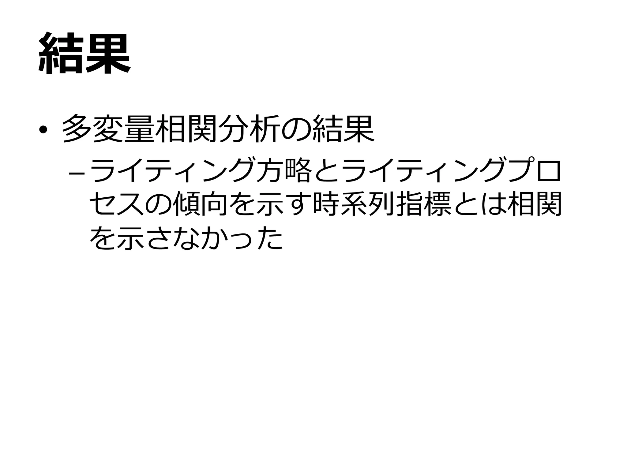 結果
• 多変量相関分析の結果
–ライティング方略とライティングプロ
セスの傾向を示す時系列指標とは相関
を示さなかった
 