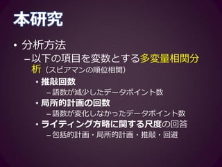 分析
• 記述統計の算出
• 多変量相関分析
–無相関検定
–相関係数のブートストラップ信頼区間
の算出
• 小規模標本のため
–グラフィカルモデリング
 