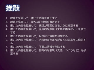 回避
1. どのように書こうか考えたが，あきらめて作文を終了する
2. 書いている途中に違和感を覚えても，そのまま書き進める
3. 書きたい内容はあっても，表現が思い浮かばなかったら書かない
4. 書きにくそうな箇所は書かない
5. 日本語では書けても英語で表現するのが難しい内容は書かない
6. 書き足りない内容があったが，書くと大変そうだったから書かな
い
7. 書こうとした内容はあったが，ぼろを出さないように書かない
8. 文のつながりがおかしいと感じた箇所があっても，気にしないよ
うにする
 