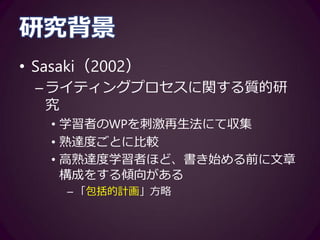研究背景
• 質的研究から量的研究へ
–質的研究における生態学的妥当性の課
題（e.g., Pavlenko, 2007）
–量的研究法の採用
• 質問紙調査（e.g., Petrić & Czárl, 2003; Yamanishi, 2009）
• キー入力記録システム（e.g., Stevenson, Schoonen
& de Glopper, 2006）
– より正確な記録が可能
 