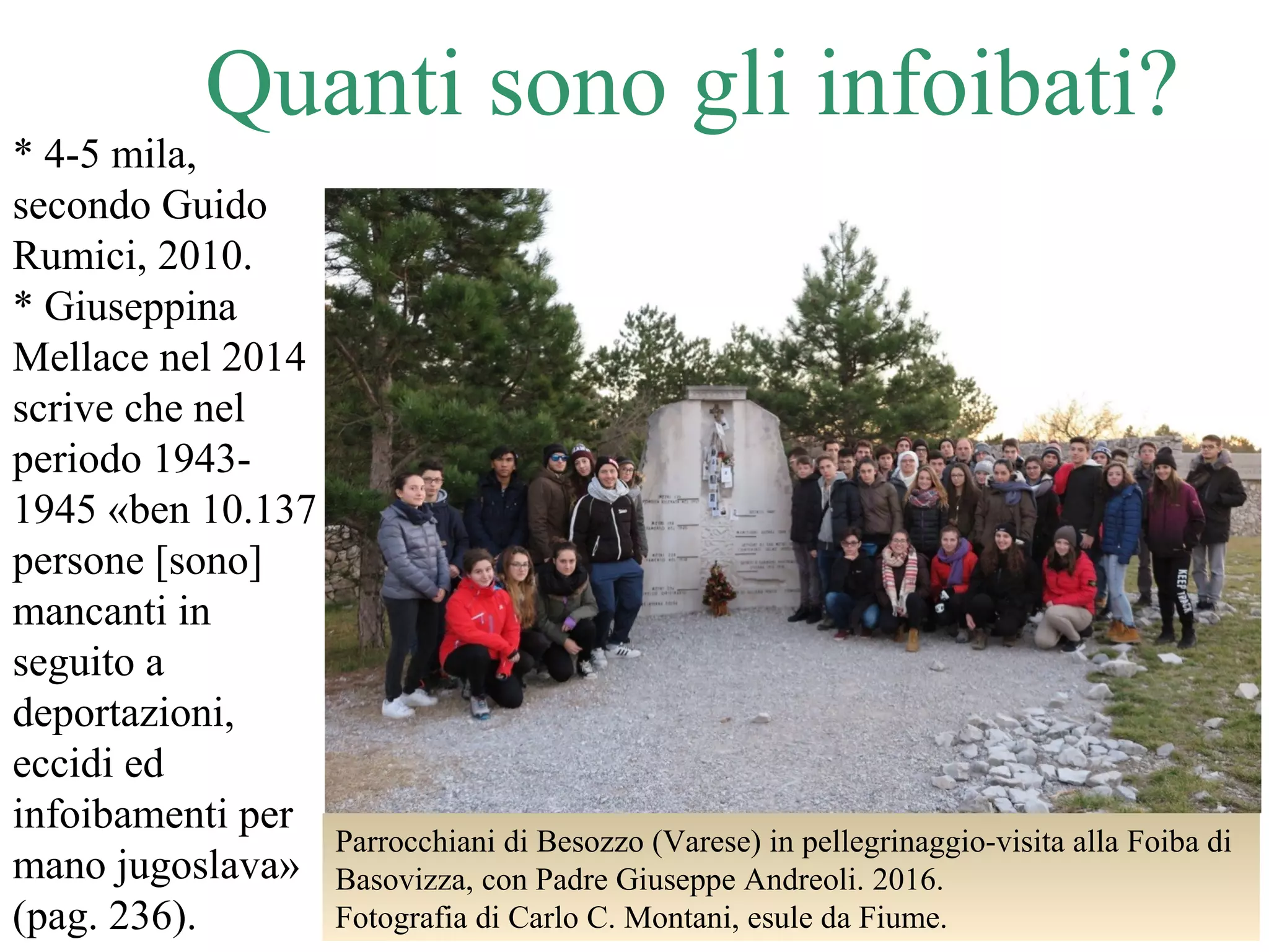 * 4-5 mila,
secondo Guido
Rumici, 2010.
* Giuseppina
Mellace nel 2014
scrive che nel
periodo 1943-
1945 «ben 10.137
persone [sono]
mancanti in
seguito a
deportazioni,
eccidi ed
infoibamenti per
mano jugoslava»
(pag. 236).
Quanti sono gli infoibati?
Parrocchiani di Besozzo (Varese) in pellegrinaggio-visita alla Foiba di
Basovizza, con Padre Giuseppe Andreoli. 2016.
Fotografia di Carlo C. Montani, esule da Fiume.
 