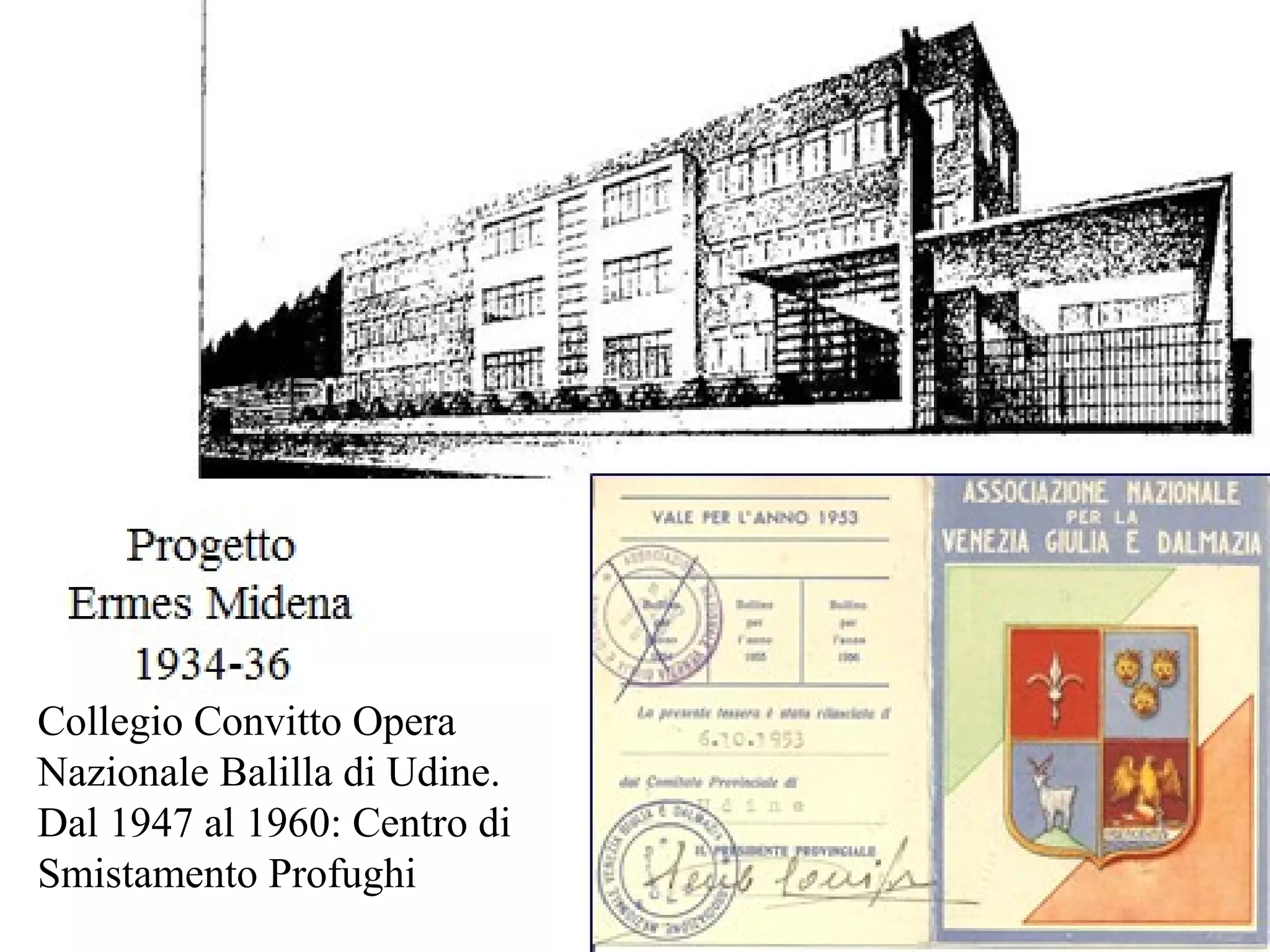 Collegio Convitto Opera
Nazionale Balilla di Udine.
Dal 1947 al 1960: Centro di
Smistamento Profughi
 