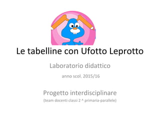 Le tabelline con Ufotto Leprotto
Laboratorio didattico
anno scol. 2015/16
Progetto interdisciplinare
(team docenti classi 2 ^ primaria-parallele)
 