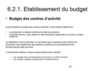 6.2.1. Etablissement du budget
• Budget des centres d’activité
Avant d’établir le budget des centres d’activité, il faut d’abord déterminer :
•
•

La production à réaliser (nombre d’unités de produits)
L’activité à fournir pour obtenir la dite production (exprimée en nombre d’unités
d’œuvre)

La réalisation d’une production ne nécessite pas uniquement des centres de
production mais également des sections auxiliaires qui permettront le bon
fonctionnement des premiers.
L’activité étant définie, chaque responsable pourra calculer :
–
–

Les charges fixes correspondant à la structure du centre d’activité
Les charges variables correspondant à l’activité prévue

37

 