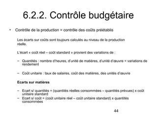 6.2.2. Contrôle budgétaire
•

Contrôle de la production = contrôle des coûts préétablis
Les écarts sur coûts sont toujours calculés au niveau de la production
réelle.
L’écart « coût réel – coût standard » provient des variations de :
– Quantités : nombre d’heures, d’unité de matières, d’unité d’œuvre = variations de
rendement
– Coût unitaire : taux de salaires, coût des matières, des unités d’œuvre
Ecarts sur matières
– Ecart s/ quantités = (quantités réelles consommées – quantités prévues) x coût
unitaire standard
– Ecart s/ coût = (coût unitaire réel – coût unitaire standard) x quantités
consommées

44

 