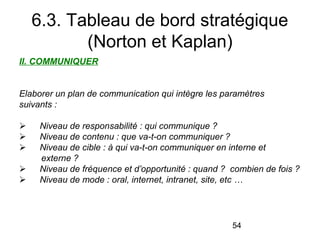 6.3. Tableau de bord stratégique
(Norton et Kaplan)
II. COMMUNIQUER
 
 
Elaborer un plan de communication qui intègre les paramètres
suivants :
 
      Niveau de responsabilité : qui communique ?
      Niveau de contenu : que va-t-on communiquer ?
      Niveau de cible : à qui va-t-on communiquer en interne et
         externe ?
      Niveau de fréquence et d’opportunité : quand ?  combien de fois ?
      Niveau de mode : oral, internet, intranet, site, etc …

54

 