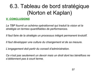 6.3. Tableau de bord stratégique
(Norton et Kaplan)
V. CONCLUSIONS
Le TBP fournit un schéma opérationnel qui traduit la vision et la
stratégie en termes quantifiables de performances.
Il faut faire de la stratégie un processus intégré permanent évolutif.
Il faut développer une culture du changement et de sa mesure.
L’engagement doit partir du conseil d’administration.
Ce n’est pas seulement un devoir mais un droit dont les bénéfices ne
s’obtiennent pas à court terme.

57

 