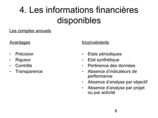 4. Les informations financières
disponibles
Les comptes annuels
Avantages

Inconvénients

-

-

Précision
Rigueur
Contrôle
Transparence

-

Etats périodiques
Etat synthétique
Pertinence des données
Absence d’indicateurs de
performance
Absence d’analyse par objectif
Absence d’analyse par projet
ou par activité

8

 
