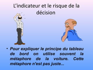 L’indicateur et le risque de la
décision
• Pour expliquer le principe du tableau
de bord on utilise souvent la
métaphore de la voiture. Cette
métaphore n'est pas juste...
 