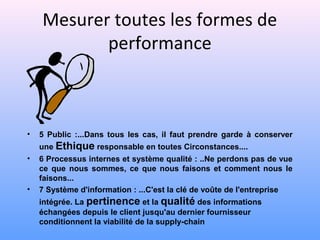 Mesurer toutes les formes de
performance
• 5 Public :...Dans tous les cas, il faut prendre garde à conserver
une Ethique responsable en toutes Circonstances....
• 6 Processus internes et système qualité : ..Ne perdons pas de vue
ce que nous sommes, ce que nous faisons et comment nous le
faisons...
• 7 Système d'information : ...C'est la clé de voûte de l'entreprise
intégrée. La pertinence et la qualité des informations
échangées depuis le client jusqu'au dernier fournisseur
conditionnent la viabilité de la supply-chain
 