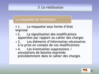 12 
La maquette de restitution 
• 1. La maquette sous forme d’état 
imprimé 
• 2. La signalisation des modifications 
apportées par rapport au cahier des charges 
• 3. Les éléments d’information nécessaires 
à la prise en compte de ces modifications 
• 4. Les éventuelles suppressions / 
annulations de besoins exprimés 
précédemment dans le cahier des charges 
 