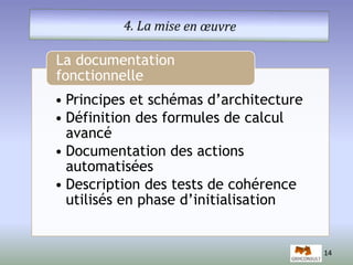 14 
La documentation 
fonctionnelle 
• Principes et schémas d’architecture 
• Définition des formules de calcul 
avancé 
• Documentation des actions 
automatisées 
• Description des tests de cohérence 
utilisés en phase d’initialisation 
 