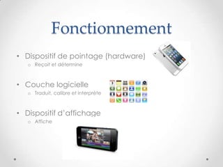 Fonctionnement
• Dispositif de pointage (hardware)
o Reçoit et détermine
• Couche logicielle
o Traduit, calibre et interprète
• Dispositif d’affichage
o Affiche
 