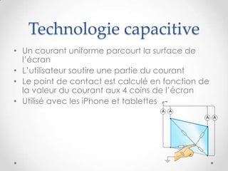 Technologie capacitive
• Un courant uniforme parcourt la surface de
l’écran
• L’utilisateur soutire une partie du courant
• Le point de contact est calculé en fonction de
la valeur du courant aux 4 coins de l’écran
• Utilisé avec les iPhone et tablettes
 