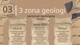3 zona geologi
utara
berbatasan dengan
dengan tameng
asia dan
perluasannya ke
arah selatan
tenggelam di
bawah permukaan
air laut,yang di
barat dan
selatan
di batasi .oleh
benua Godwana
yang terdiri atas
India,dasar
samudra
Hindia,Australia,da
n perluasannya ke
arah utara
tenggelam di
bawah permukaan
timur
di batasi oleh dasar
samudra
Pasifik(lempeng
dasar samudra
Pasifik yang
meluas kearah
barat daya).
03
(pertemuan tiga lempeng
litosfer)
 