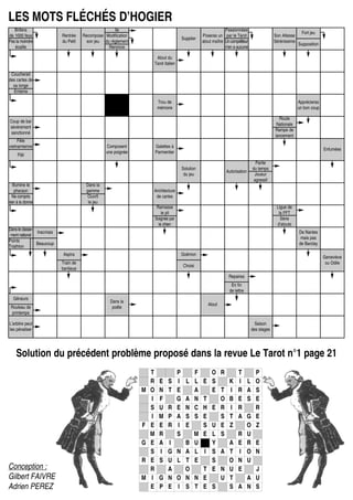 Brillera
de 1000 feux
Pas la moindre
écaille
Rentrée
du Petit
Recompose
son jeu
Ile
Modification
du règlement
Renonce
Supplier
Poseras un
atout maître
Passionnées
par le Tarot
Uncompétiteur
n’en a aucune
Son Altesse
Sérénissime
Fort jeu
Supposition
Atout du
Tarot italien
Coucherait
des cartes de
sa longe
Entama
Trou de
mémoire
Apprécieras
un bon coup
Coup de bar
sévèrement
sanctionné
Route
Nationale
Rampe de
lancement
Fête
vietnamienne
Pâli
Composent
une poignée
Galettes à
Parmentier
Enfumées
Solution
du jeu
Autorisation
Partie
du temps
Joueur
agressif
Illumine le
pharaon
Ne compris
rien à la donne
Dans la
gamme
Ouvrit
le jeu
Architecture
de cartes
Ramasse
le pli
Soignée par
le chien
Ligue de
la FFT
Série
d’atouts
Dans le classe-
ment national
Points
Triathlon
Inscrirais
Beaucoup
De Nantes
mais pas
de Barclay
Aspira
Train de
banlieue
Goëmon
Choisi
Geneviève
ou Odile
Repaires
En fin
de lettre
Gêneurs
Rouleau de
printemps
Dans la
poêle
Atout
L’arbitre peut
les pénaliser
Saison
des stages
LES MOTS FLÉCHÉS D’HOGIER
T P F O R T P
R E S I L L E S K I L O
M O N T E A E T I R A S
I F G A N T O B E S E
S U R E N C H E R I R R
I M P A S S E S T A G E
F E E R I E S U E Z O Z
M R S M E L S R U
G E A I B U Y A E R E
S I G N A L I S A T I O N
R E S U L T E S O N U
R A O T E N U E J
M I G N O N N E U T A U
E P E I S T E S S A N S
Solution du précédent problème proposé dans la revue Le Tarot n°1 page 21
Conception :
Gilbert FAIVRE
Adrien PEREZ
 