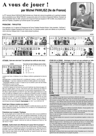 N.B : La défense joue avec le système de signalisation préconisé par la
Fédération Française de Tarot
A vous de jouer !A vous de jouer !
par Michel PAWLISZ (Ile de France)
La FFT remercie Gérard CASCALES (Midi-Pyrénées) pour l’étude de la donne de quadrettes qu’il a gentiment analysée
dans la précédente revue. Michel PAWLISZ, nouveau promu dans le trio de tête du Classement National, Champion de
France Quadrettes Open en 2003, vainqueur de la Coupe de France par équipes en 1997 et 2005, vous propose ce pro-
blème de Triplettes, compétition qu’il aimerait ajouter à son palmarès.
PROBLÈME : TRIPLETTESPROBLÈME : TRIPLETTES
Vous participez à la 1ère séance du Championnat de France Triplettes Première Division. Votre orientation : Est/Ouest 1.
Vous affrontez la triplette Championne de France en titre. A la première position, après avoir défendu sur le premier étui,
c'est à votre tour d'attaquer (étui n°2 avec entame devant le preneur).
NORD
SUD EST Donneur
OUEST Preneur
CHIEN
ATTAQUE : Quel sera votre écart ? (en précisant les motifs de votre choix)
Voici donc la main d’attaque avec le chien :
A 19 - 17 - 14 - 13 - 11 - 8 - 6 - 3 - 2 - Ex
♠ R - V - 3
♥ D - V - 10 - 6
♦ R - 10
♣ D - 9 - 6 - 4 - 3
L'analyse des forces et faiblesses d'un jeu d'attaque conditionne généralement le choix de
l'écart.
Les forces du jeu : le nombre d'atouts (9+1), la maîtrise de 2 couleurs + une 3ème en arrêt.
Les faiblesses : - 1 seul bout. L'absence de maîtrise et la faible qualité de la main d'atouts.
- l'impossibilité d'effectuer un écart à 2 coupes ce qui me contraint à jouer avec des résidus
préjudiciables sur un jeu à un bout.
- une longueur de faible qualité (D de ♣ 5ème).
Je choisis de m'appuyer sur les forces de mon jeu afin d'optimiser mes chances de gagne. En
effet, pour espérer gagner un tel jeu, il faut pouvoir jouer atout, d'abord pour les marier en
défense et éviter les surcoupes et ensuite pour, qui sait, prendre miraculeusement le Petit.
Par ailleurs, espérer affranchir une Dame 5ème avec cette maigre qualité d'atouts est un plan
de jeu non-viable qui m'obligerait à jouer sur la défensive en poussant la couleur, me laissant
à la merci d'une tenue et/ou de surcoupes qui me seraient fatales. C'est pourquoi il convient
de réduire au maximum le nombre de perdantes en écartant les ♣. La base de mon écart
passe donc par 5 ♣ + une 6ème suivant l'inspiration. J'opterai pour le 10 de ♦ pour fermer la
couleur ♦, mais le choix de jouer avec 2 rois seconds (Roi - V et Roi - 10) pour bloquer les
sous honneurs est aussi envisageable. Ecart proposé : ♦♦ 10 / ♣♣ D - 9 - 6 - 4 - 3
Quelle ligne d’attaque comptez-vous adopter ?
Jouer atout. L'objectif est double : tout d'abord récupérer la maîtrise des atouts au plus tôt et
laisser la défense se tromper dans les entames, ♥, ♠ et même le 21 de l'ambulancier pour
l'excuse seraient les bienvenus.
Présenterez-vous la poignée ? Expliquez.
Non, pas de poignée sauf sur entame Roi de ♥ puisque j'aurai dans ce cas la possibilité de
placer une Excuse gratuite, et de me créer une gagnante supplémentaire. S'il existe une fai-
ble chance de gagner, c'est en cachant au maximum mon jeu. Il me reste tout de même 3 ♥
à perdre + 2 ♠ et au moins 3 atouts à donner soit 13+10+14= 37 points concédés à la défense,
sans compter l'excuse à négocier. Inutile donc de mettre les Champions de France sur "des
rails" dès la 1ère table !
DEFENSE : Quelle entame sera effectuée par le joueur Nord et pourquoi ?
Le chien fort de 3 atouts et 2 ♣ dans la coupe de la main de Nord impose une entame sérieuse.
Je propose le 2 de ♦ en attendant que le preneur ne nous dévoile son jeu. Petit atout sous le 21
est tentant, surtout que le chien laisse présager un coup d'atout chez le preneur, mais à la 1ère
table, évitons les coups brillants un peu trop décisionnels qui, lorsqu'ils tournent mal, peuvent
saper la sérénité d'une défense.
COMMENTAIRES
Pli 2 : L'attaquant suit sa ligne de jeu et commence à affranchir ses atouts.
Pli 3 : Devant les velléités du preneur, Nord se voit contraint de tirer le 21, malgré la coupe ♣,
afin de sauver un éventuel Petit. Certes, c'est au prix d'une Excuse gratuite mais la prise du
Petit avec 21 - 20 en défense serait synonyme de bulle, sans parler des regards assassins de
vos partenaires alors que le tournoi ne fait que commencer. Est doit défausser. Il s'appuie sur
l'entame de son partenaire et défausse le C de ♦. Le R de ♣ est envisageable, mais l'urgence
ne se fait pas encore sentir.
Pli 5 : Le coup est mal engagé pour la défense (2 perdantes effacées + Excuse gratuite). Il est
urgent pour Est en main du R de ♥ de montrer la coupe ♣.
Pli 7 : Très mauvaise nouvelle pour le preneur. Le R de ♣ vient d'être défaussé, Nord coupe
aussi ♣. Il faut absolument lui prendre la D de ♦ ou c'est la chute assurée.
Pli 8 : En main du 6 d'atout, le preneur connaît la répartition des atouts. Le 18 est très certai-
nement second en Sud.
Pli 9 : Il faut donc essayer de le raccourcir en jouant nos perdantes et espérer un retour ♦ de
la défense.
Pli 10 : Est poursuit la pression ♣ qui permet de faire défausser Nord pour lui donner une pos-
sibilité de charger la D de ♦. Nord évacue un ♥ a priori tenu par Sud, sa 1ère entame (Pli 5).
Le C de ♣ posé indique au preneur que Sud n'a que des retours qui lui sont favorables.
Pli 11 : Petit coup technique : jouer le 10 et non pas le V de ♥ pour espérer rester en main et
rendre la main ensuite en Sud à l'atout pour l'obliger à jouer ♠.
Pli 14 : Sud en main n'a d'autre choix qu'un retour ♠ pour une levée supplémentaire bienve-
nue pour le preneur.
Plis 15 à 18 : Le preneur ferme mais ne peut éviter la chute. Consolation pour lui, l'autre écart
(garder les ♣) était catastrophique et la poignée est gratuite.
NORD OUEST SUD EST
Pli 1 * 2 ♦ R ♦ 9 ♦ As ♦
Pli 2 20 A * 13 A 15 A 10 A
Pli 3 * 21 A Ex 1 A C ♦
Pli 4 * 3 ♦ 2 A 7 A V ♦
Pli 5 As ♥ 6 ♥ * 8 ♥ R ♥
Pli 6 12 A 14 A As ♣ * 2 ♣
Pli 7 5 A * 11 A 16 A R ♣
Pli 8 4 A 6 A * 5 ♣ 7 ♣
Pli 9 As ♠ * 3 ♠ 5 ♠ 10 ♠
Pli 10 2 ♥ 3 A C ♣ * 8 ♣
Pli 11 7 ♥ * 10 ♥ 3 ♥ 4 ♥
Pli 12 4 ♦ * 19 A 9 A 5 ♦
Pli 13 D ♦ * 17 A 18 A V ♣
Pli 14 4 ♠ V ♠ * 9 ♠ 2 ♠
Pli 15 D ♠ * V ♥ C ♥ C ♠
Pli 16 6 ♦ D ♥ * 5 ♥ 8 ♦
Pli 17 8 ♠ * R ♠ 6 ♠ 7 ♠
Pli 18 7 ♦ * 8 A 9 ♥ 10 ♣
SCORE - 64
ETUDE DE LA DONNE : développez la jouerie qui sera pratiquée sur cette
donne en apportant des commentaires pour la compréhension de celle-ci.
 