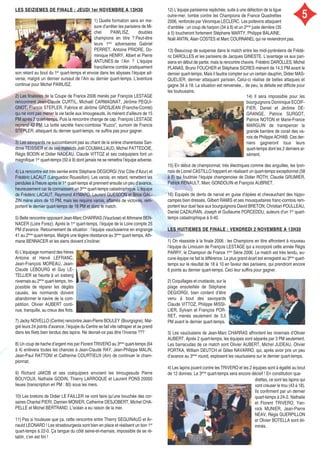 son retard au bout du 1er
quart-temps et envoie dans les abysses l’équipe ad-
verse, malgré un dernier sursaut de l’Ain au dernier quart-temps. L’aventure
continue pour Michel PAWLISZ.
2) Les finalistes de la Coupe de France 2006 menés par François LESTAGE
rencontrent Jean-Claude CURTIL, Michaël CARMAGNAT, Jérôme PEQUI-
GNOT, Francis STEPLER, Fabrice et Jérôme GROSJEAN (Franche-Comté)
qui ne vont pas mener la vie facile aux limougeauds, ils mènent d’ailleurs de 15
PM après 2 quart-temps. Puis la rencontre change de cap, François LESTAGE
reprend 42 PM. La botte secrète franc-comtoise “Kuzco”, surnom de Francis
STEPLER, attaquant du dernier quart-temps, ne suffira pas pour gagner.
3) Les savoyards ne succomberont pas au chant de la sirène charentaise San-
drine TEISSIER et de ses matelots Joël COUMAILLAUD, Michel PATTEDOIE,
Régis BODIN et Didier NADEAU. Claude VITTOZ et ses coéquipiers font un
magnifique 1er
quart-temps (50 à 9) dont jamais ne se remettra l’équipe adverse.
4) La rencontre est très serrée entre Stéphane DEGIORGI (Var Côte d’Azur) et
Frédéric LACAUT (Languedoc Roussillon). Les varois, en retard, remettent les
pendules à l’heure après le 1er
quart-temps et prennent ensuite un peu d’avance,
heureusement car ils connaissent un 3ème
quart-temps catastrophique. L’équipe
de Frédéric LACAUT, Raymond AYMARD, Laurent GUESDON et Brice GAL-
ZIN mène alors de 10 PM, mais les requins varois, affamés de victoires, rem-
portent le dernier quart-temps de 18 PM et donc le match.
5) Belle rencontre opposant Jean-Marc CHARRAS (Vaucluse) et Athmane BEN-
NACER (Loire Forez). Après le 1er
quart-temps, l’équipe de la Loire compte 25
PM d’avance. Retournement de situation : l’équipe vauclusienne en engrange
41 au 2ème
quart-temps. Malgré une légère résistance au 3ème
quart-temps, Ath-
mane BENNACER et les siens doivent s’incliner.
LES SEIZIEMES DE FINALE : JEUDI 1er NOVEMBRE A 13H30LES SEIZIEMES DE FINALE : JEUDI 1er NOVEMBRE A 13H30
1) Quelle formation sera en me-
sure d’arrêter les parisiens de Mi-
chel PAWLISZ, doubles
champions en titre ? Peut-être
leurs 1ers
adversaires Gabriel
PERRET, Antoine PRIORE, Do-
minique HENRY, Albert et Pierre
ANTUNES de l’Ain ? L’équipe
francilienne comble pratiquement
6) L’équipage normand des frères
Antoine et Hervé LEFRANC,
Jean-François MOREAU, Jean-
Claude LEBOURG et Guy LE-
TELLIER se heurte à un iceberg
nivernais au 2ème
quart-temps. Im-
possible de réparer les dégâts
causés, les normands doivent
abandonner le navire de la com-
pétition. Olivier AUBERT conti-
nue, tranquille, au creux des flots.
7) Jacky NOVELLO (Centre) rencontre Jean-Pierre BOULEY (Bourgogne). Mal-
gré leurs 24 points d’avance, l’équipe du Centre se fait vite rattraper et se prend
dans les filets bien tendus des lapins. Ne devrait-ce pas être l’inverse ???
8) Un coup de hache d’argent mis par Florent TRIVERO au 3ème
quart-temps (64
à 4) enlèvera toutes les chances à Jean-Claude RAY, Jean-Philippe MALIN,
Jean-Paul RATTONI et Catherine COURTIEUX (Ain) de continuer le cham-
pionnat.
9) Richard JAKOB et ses coéquipiers envoient les limougeauds Pierre
BOUYOUX, Nathalie GODIN, Thierry LARROQUE et Laurent PONS 20000
lieues (transcription en PM : 80) sous les mers.
10) Les bretons de Didier LE FAILLER ne vont faire qu’une bouchée des cor-
saires Chantal PIERI, Damien MONIER, Catherine DESJOBERT, Michel CHA-
PELLE et Michel BERTRAND. L’océan a eu raison de la mer.
11) Pas si houleuse que ça, cette rencontre entre Thierry SEGUINAUD et Ar-
nauld LEONARD ! Les strasbourgeois sont bien en place et réalisent un bon 1er
quart-temps à 22-0. Ça tangue du côté seine-et-marnais, impossible de se ré-
tablir, c’en est fini !
12) L’équipe parisienne repêchée, suite à une défection de la ligue
outre-mer, tombe contre les Champions de France Quadrettes
2006, renforcés par Véronique LECLERC. Les poitevins attaquent
d’amblée : un coup de harpon (34 à 8) et un 2ème
juste derrière (35
à 5) toucheront fortement Stéphane MARTY, Philippe BALAINE,
Noël ANTIN, Alain COSTES et Marc COURNANEL qui ne reviendront pas.
13) Beaucoup de suspense dans le match entre les midi-pyrénéens de Frédé-
ric DAROLLES et les parisiens de Jacques GINESTE. L’avantage va aux pari-
siens en début de partie, mais la rencontre chavire. Frédéric DAROLLES, Michel
PLANAS, Bruno FOUCHER et Stéphane SICRES mènent de 14,5 PM avant le
dernier quart-temps. Mais il faudra compter sur un certain dauphin, Didier MAS-
QUELIER, dernier attaquant parisien. Celui-ci réalise de belles attaques et
gagne 34 à 18. La situation est renversée... de peu, la défaite est difficile pour
les toulousains.
14) Il sera impossible pour les
bourguignons Dominique ECOIF-
FIER, Daniel et Jérôme DE-
GRANGE, Patrice SURGOT,
Patrice NOTON et Marie-France
MARGUIN de transpercer la
grande barrière de corail des va-
rois de Philippe ACHAB. Ces der-
niers gagneront tous leurs
quart-temps dont les 2 derniers ai-
sément.
15) En début de championnat, très électriques comme des anguilles, les lyon-
nais de Lionel CASTILLO frappent en réalisant un quart-temps exceptionnel (58
à 8) qui foudroie l’équipe champenoise de Didier ROTH, Claudie GRUMIER,
Patrick RENAULT, Marc GONDOUIN et François AUBRIET.
16) Equipés de dents de narval en guise d’épées et chevauchant des hippo-
campes bien dressés, Gilbert RAMIS et ses mousquetaires franc-comtois rem-
portent leur duel face aux bourguignons David BRETON, Christian POULLEAU,
Daniel CAZAURAN, Joseph et Guillaume PORCEDDU, auteurs d’un 1er
quart-
temps catastrophique à 0-40.
LES HUITIEMES DE FINALE : VENDREDI 2 NOVEMBRE A 13H30LES HUITIEMES DE FINALE : VENDREDI 2 NOVEMBRE A 13H30
1) On réassiste à la finale 2006 : les Champions en titre affrontent à nouveau
l’équipe du Limousin de François LESTAGE qui a incorporé cette année Régis
PARRY, le Champion de France 1ère
Série 2006. Le match est très tendu, au-
cune équipe ne fait la différence. Le plus grand écart est enregistré au 3ème
quart-
temps sur le résultat de 18 à 10 en faveur des parisiens, qui prendront encore
6 points au dernier quart-temps. Ceci leur suffira pour gagner.
3) Les vauclusiens de Jean-Marc CHARRAS affrontent les nivernais d’Olivier
AUBERT. Après 2 quart-temps, les équipes sont séparés par 3 PM seulement.
Les barracudas de ce match sont Olivier AUBERT, Michel JUDEAU, Olivier
PORTKA, William DEUTCH et Gilles NAVARRO, qui, après avoir pris un peu
d’avance au 3ème
round, explosent les vauclusiens sur le dernier quart-temps.
4) Les lapins jouent contre les TRIVERO et les 2 équipes sont à égalité au bout
de 12 donnes. Le 3ème
quart-temps sera encore décisif ! En constitution qua-
2) Coquillages et crustacés, sur la
plage ensoleillée de Stéphane
DEGIORGI, bien content d’être
venu à bout des savoyards
Claude VITTOZ, Philippe MISSI-
LIER, Sylvain et François POR-
RET, menés seulement de 3,5
PM avant le dernier quart-temps.
drettes, ce sont les lapins qui
vont creuser le trou (43 à 18).
Ils confirment par un dernier
quart-temps à 24-2. Nathalie
et Florent TRIVERO, Yan-
nick MUNIER, Jean-Pierre
NEAV, Régis GUERPILLON
et Olivier BOTELLA sont éli-
minés.
5
 