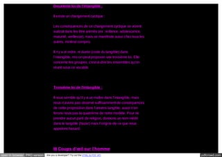 Deuxième loi de l’intangible :
Il existe un changement cyclique :
Les conséquences de ce changement cyclique se voient
surtout dans les être animés (ex : enfance, adolescence,
maturité, vieillesse), mais se manifeste aussi chez tous les
autres, minéral compris.
Il n’y a ni ordre, ni durée (code du tangible) dans
l’intangible, mis on peut proposer une troisième loi. Elle
concerne les groupes, c'est-à-dire les ensembles qu’on
réunit sous ce vocable.

Troisième loi de l’intangible :
Il nous semble qu’il y a un maître dans l’intangible, mais
nous n’avons pas observé suffisamment de conséquences
de cette proposition dans l’univers tangible, aussi n’en
ferons nous pas la quatrième de notre modèle. Pour ne
prendre aucun parti de religion, donnons un nom inédit
dans le tangible (hazar) mais l’origine de ce que nous
appelons hasard.

III Coups d’œil sur l’homme
open in browser PRO version

Are you a developer? Try out the HTML to PDF API

pdfcrowd.com

 
