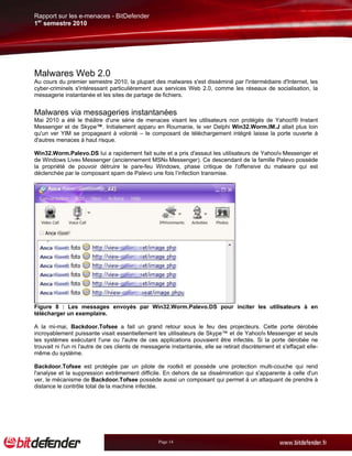 Rapport sur les e-menaces - BitDefender
1er semestre 2010




Malwares Web 2.0
Au cours du premier semestre 2010, la plupart des malwares s'est disséminé par l'intermédiaire d'Internet, les
cyber-criminels s'intéressant particulièrement aux services Web 2.0, comme les réseaux de socialisation, la
messagerie instantanée et les sites de partage de fichiers.


Malwares via messageries instantanées
Mai 2010 a été le théâtre d'une série de menaces visant les utilisateurs non protégés de Yahoo!® Instant
Messenger et de Skype™. Initialement apparu en Roumanie, le ver Delphi Win32.Worm.IM.J allait plus loin
qu'un ver YIM se propageant à volonté – le composant de téléchargement intégré laisse la porte ouverte à
d'autres menaces à haut risque.

Win32.Worm.Palevo.DS lui a rapidement fait suite et a pris d'assaut les utilisateurs de Yahoo!® Messenger et
de Windows Live® Messenger (anciennement MSN® Messenger). Ce descendant de la famille Palevo possède
la propriété de pouvoir détruire le pare-feu Windows, phase critique de l'offensive du malware qui est
déclenchée par le composant spam de Palevo une fois l’infection transmise.




Figure 8 : Les messages envoyés par Win32.Worm.Palevo.DS pour inciter les utilisateurs à en
télécharger un exemplaire.

A la mi-mai, Backdoor.Tofsee a fait un grand retour sous le feu des projecteurs. Cette porte dérobée
incroyablement puissante visait essentiellement les utilisateurs de Skype™ et de Yahoo!® Messenger et seuls
les systèmes exécutant l'une ou l'autre de ces applications pouvaient être infectés. Si la porte dérobée ne
trouvait ni l'un ni l'autre de ces clients de messagerie instantanée, elle se retirait discrètement et s'effaçait elle-
même du système.

Backdoor.Tofsee est protégée par un pilote de rootkit et possède une protection multi-couche qui rend
l'analyse et la suppression extrêmement difficile. En dehors de sa dissémination qui s'apparente à celle d'un
ver, le mécanisme de Backdoor.Tofsee possède aussi un composant qui permet à un attaquant de prendre à
distance le contrôle total de la machine infectée.




                                                    Page 14
 