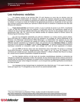 Rapport sur les e-menaces - BitDefender
1er semestre 2010




Les malwares vedettes
•        Les réseaux sociaux et les services Web 2.0 sont devenus au cours des six derniers mois les
principaux canaux de dissémination de malwares. Les auteurs de malwares spéculent sur des événements
internationaux et le nom de vedettes du spectacle pour allécher des utilisateurs naïfs à télécharger et exécuter
le malware. La Coupe du monde de Football et les glissements de terrains au Guatemala ne sont que deux
des nombreux événements utilisés pour optimiser le Black-Hat SEO et améliorer le classement des sites web
diffuseurs de malwares.

•       Trojan.AutorunInf.Gen est l'ennemi numéro un pour la période de janvier à juin 2010. Il représente
11,26% du total des infections dues aux malwares. La technique autorun est massivement utilisée par les
créateurs de vers en tant que méthode alternative pour diffuser leurs œuvres via des partages réseau ou des
périphériques USB / SB / CF. Parmi les plus célèbres familles de malwares utilisant la fonction autorun de
Windows figurent Downadup, Palevo.

•        Les vers de messagerie instantanée ont porté les malwares à un niveau inconnu jusqu'à présent.
Worm.P2P.Palevo.DP a attaqué début mai 2010 les utilisateurs non protégés de Yahoo!® Messenger et de
Windows Live® Messenger (anciennement MSN® Messenger). La dissémination très agressive du ver s'est
propagée au moyen d'un composant bot capable de continuer de spammer le ver, comme de télécharger
différents logiciels malveillants sur l'ordinateur atteint. Une semaine plus tard, Backdoor.Tofsee se rabattait
aussi bien sur les utilisateurs de Skype™ que de Yahoo!® Messenger : ce logiciel malveillant particulièrement
sophistiqué comportait un composant rootkit1 pour protéger son code de toute suppression et analyse.

•       Les vers MBR ont fait leur retour avec des mécanismes viraux renouvelés. Fin janvier a vu émerger
Win32.Worm.Zumuse.A, combinant dangereusement virus, rootkit et ver. Au cours de l'infection le ver
commence par compter les jours. Quarante jours après l'infection2, il efface le Master Boot Record du disque
dur, rendant ainsi le système d'exploitation incapable de démarrer.

•        Les faux logiciels antivirus ont été munis de nouvelles caractéristiques destinées à contraindre les
utilisateurs à acheter des applications inutiles. Par exemple, les plus récents types de faux antivirus prennent le
contrôle total de l'ordinateur de l'utilisateur en limitant l'accès à certaines des applications installées localement
(comportement de type “prise d’otage de données”), ou en envoyant des quantités significatives de données à
leur base de départ.

•       Les messages de type hameçonnage ne représentent plus désormais que 1 % du spam mondial – en
baisse par rapport aux 7 % enregistrés au cours de la fin du second semestre 2009.




1
  Pour plus d’informations sur Backdoor.Tofsee, veuillez consulter la description suivante :
http://www.malwarecity.com/blog/malware-alert-rootkit-based-skype-worm-opens-backdoors-810.html
2
  http://www.malwarecity.com/blog/malware-alert-win32wormzimusea-the-hard-disk-wrecker-736.html


                                                   Page 5
 
