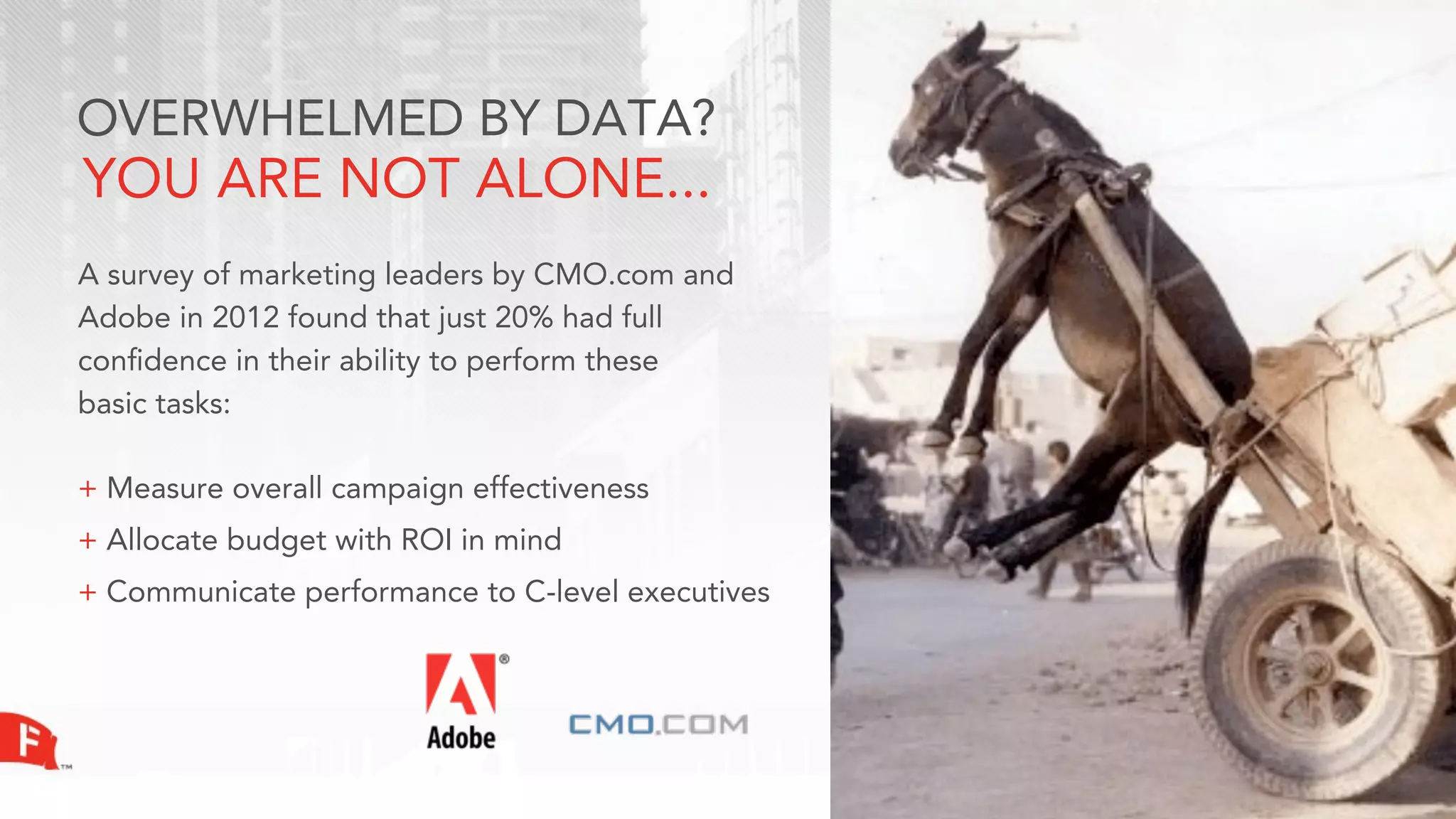 OVERWHELMED BY DATA?
YOU ARE NOT ALONE...
A survey of marketing leaders by CMO.com and
Adobe in 2012 found that just 20% had full
conﬁdence in their ability to perform these
basic tasks:

+ Measure overall campaign effectiveness
+ Allocate budget with ROI in mind
+ Communicate performance to C-level executives
 