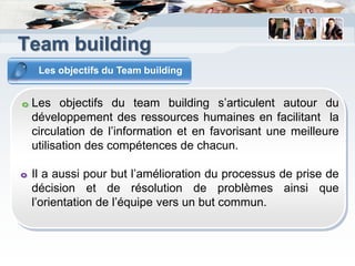 Team building
  Les objectifs du Team building


 Les objectifs du team building s’articulent autour du
 développement des ressources humaines en facilitant la
 circulation de l’information et en favorisant une meilleure
 utilisation des compétences de chacun.

 Il a aussi pour but l’amélioration du processus de prise de
 décision et de résolution de problèmes ainsi que
 l’orientation de l’équipe vers un but commun.
 