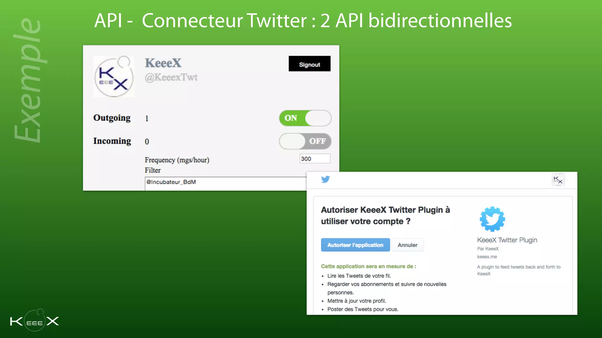 API - Connecteur Twitter : 2 API bidirectionnelles
Exemple
 
