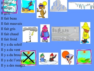 Il pleut Il neige Il g èle Il fait beau Il fait mauvais Il fait gris Il fait froid Il y a du soleil Il y a du brouillard Il y a de l’orage Il y a des nuages Il y a du vent Il fait chaud