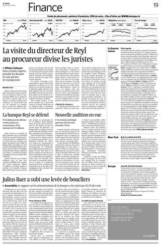 19
Finance
Le Temps
Jeudi 11 avril 2013
SOURCE: BLOOMBERG
10 avril10 janvier
1,2186 0,9333
0,80
1,00
0,90
1,10
1,30
1,20
Taux de change
En francs Euro Dollar
1,5
1
0,5
2
2,5
0
10 avril10 janvier
0,682%
Suisse (Conf.)
1,304%
Europe (Bund)
1,788%
Etats-Unis
Obligations, taux à 10 ans
900
1000
1100
1200
800
10 avril10 janvier
Performance sur 3 mois
Clôture:1121,04
+26,10%
Topix (Tokyo)
1600
1560
1520
1480
1440
Performance sur 3 mois
18h00: 1585,66
+8,30%
10 avril10 janvier
S&P 500
280
300
295
290
285
10 avril10 janvier
Performance sur 3 mois
Clôture:293,19
+2,00%
Stoxx Europe 600
7800
7000
7400
7200
7600
10 avril10 janvier
Performance sur 3 mois +8,79%
Clôture:7771,37SMI
Fonds de placement, opinions d’analystes, OPA du mois... Plus d’infos sur www.letemps.ch
La bourse
suisse
Forte reprise
Le marché suisse des actions a entamé la séance de
mercredi en hausse de 0,2% à 7671 points, soutenu
par des indications préalables positives. Wall Street a
atteint un nouveau plus haut historique mardi soir.
En Asie, Tokyo a continué de profiter des annonces
de la banque centrale du Japon et de la faiblesse du
yen. Le SMI a clôturé en forte hausse de 1,5% à
7771 points et le SPI de 1,6% à 7228 points. Les deux
grandes banques ont eu le vent en poupe. Credit
Suisse a progressé de 4,7% à 26,07 francs et UBS de
3,9% à 14,88 francs. Selon les observateurs, la banque
d’affaires pourrait avoir enregistré de meilleurs
résultats que prévu au premier trimestre. Les assu-
reurs Swiss Life (+3,45% à 140,90 francs) et Bâloise
(+2,3% à 90,05 francs) ont également été très recher-
chés. Les cycliques ont aussi affiché de belles perfor-
mances, à l’image de Kühne + Nagel (+4,65% à
105,80 francs), Clariant (+3,4% à 13,28 francs) ou
encore Adecco (+3,05% à 51 francs). Pour sa part,
Sonova (+3% à 111,40 francs) a profité de deux
relèvements d’objectif de cours, par Vontobel et
Kepler. Aux pharmaceutiques, Roche, qui publiera
ses résultats trimestriels jeudi, a engrangé 1,5% à
225,50 francs. La plupart des analystes tablent sur
des chiffres solides, certains estimant même que les
prévisions pourraient être dépassées. Novartis
(+1,1% à 67,40 francs) publiera ses résultats dans
deux semaines. Les spécialistes de Jefferies ont relevé
les objectifs de cours des deux titres et ont confirmé
leur recommandation d’achat. Nestlé a finalement
gagné 1% à 67,70 francs après un début de séance
poussif. Le cours de l’action du géant de l’alimentaire
a perdu du terrain ces derniers jours, après avoir
atteint des sommets début avril. Les opérateurs sont
restés prudents dans leurs prévisions sur les ventes
trimestrielles du groupe, qui seront publiées la
semaine prochaine. Enfin, au SPI, Basilea a bondi de
5,6% à 59,15 francs. Lors de l’assemble générale, les
actionnaires ont suivi une proposition de l’action-
naire majoritaire HBM Healthcare Investments et
donné leur feu vert à la distribution d’un dividende
de 5 francs par action. BCGE, Salle des marchés
25,20
25,60
26
24,80
SOURCE: BLOOMBERG
9h00 17h30
En francs
Credit Suisse
Le titre vedette
+4,74%
New York Avec le soutien de la Fed
Wall Street montait mercredi matin, sûre du main-
tien du concours financier énorme de la banque
centrale américaine (Fed) à l’économie malgré des
minutes faisant état d’un désaccord des membres de
l’institution à ce sujet: le Dow Jones prenait 0,53% et
le Nasdaq 1,02%. Surpris par la publication avec cinq
heures d’avance des minutes de la dernière réunion
de la Fed, des 19 et 20 mars, le marché américain des
actions a maintenu la tendance haussière qui le
portait en cours d’échanges électroniques, accélé-
rant même sa hausse après l’ouverture. AFP
Europe Journée de fortes hausses
Heureusement que le contrôle antidopage n’existe
pas dans les marchés, sans quoi l’ensemble des pla-
ces financières mondiales auraient déjà quelques
années de suspension à purger. La preuve en est que
tous les délaissés de ces derniers mois revenaient en
force ces jours, les pays du sud de l’Europe – Grèce
(+3,03%), Portugal (+4,35%), Espagne (+3,35%),
Italie (+3,19%) –, mais encore les valeurs bancaires
trouvaient ce mercredi un second souffle ainsi Cré-
dit Agricole (+6,16%), Société Générale (+6,12%) et
on ne parle pas de Banco Popolare qui culminait à
près de 10% de hausse.
L’Euro Stoxx 50 terminait en hausse de 2,56% à
2661,62 points.
Bordier & Cie, Banquiers privés
DÉCOUVREZ
TOUTES NOS OFFRES
D’ABONNEMENT
www.letemps.ch/abos
00 8000 155 91 92
PUBLICITÉ
Nouvelleauditionenvue
> Un témoin privilégié
genevois devrait être
entendu à Paris
La justice française n’attend pas
que les procureurs genevois lui
communiquentlefruitdeleursin-
vestigations dans les banques de
laplacepourfairetoutelalumière
sur la relation bancaire entre Jé-
rôme Cahuzac et la banque Reyl.
Le juge Renaud Van Ruymbeke
s’intéresse de nouveau aux acteurs
périphériques de cette affaire, a
appris Le Temps. Un «témoin privi-
légié»genevoisaainsiétécontacté
«dans les dernières 48 heures» par
le juge. Il devrait être entendu
dans le courant de la semaine pro-
chaine, dans la capitale française.
Selon nos informations, la curio-
sité des enquêteurs porte surtout
sur le seul «volet Cahuzac» de l’af-
faire. Mais des questions plus lar-
ges seront certainement posées à
ce témoin, dans l’objectif d’établir
si d’autres personnalités politi-
quementexposéesontpuavoirre-
cours à l’établissement genevois
pour soustraire de l’argent au fisc.
Toujours selon nos informa-
tions, ce témoin pourrait être le
banquier établi à Genève et déjà
entendu à Annecy, le 13 février
dernier, par deux enquêteurs de la
police judiciaire, spécialement ve-
nus de Paris. Il les aurait alors ren-
seignés sur les réseaux politiques
de la banque Reyl à Paris, sur le
rôle d’«apporteur d’affaires» joué
par Hervé Dreyfus, demi-frère de
Dominique Reyl, et sur les techni-
ques permettant d’opacifier
l’identité du véritable ayant droit
d’un compte.
Contactés, le juge Van Ruym-
beke et le parquet de Paris n’ont
pas souhaité faire de commen-
taire sur l’affaire. Selon nos infor-
mations, la justice française n’a
pas adressé à ce jour de nouvelle
demande d’entraide à Genève.
Alexis Favre
LabanqueReylsedéfend
> L’établissement affirme
n’avoir jamais eu
connaissance d’un
montant de 15 millions
«Nous avons lu et entendu de
telles énormités que j’ai demandé
lundiàêtrereçuparlepremierpro-
cureurdeGenève»,aexpliquéFran-
çois Reyl dans une interview qui
paraît aujourd’hui dans L’Agefi. La
banque Reyl, qu’il dirige, est sous
lesfeuxdel’actualitédepuislarévé-
lation que l’ex-ministre du Budget
français Jérôme Cahuzac y détenait
un compte. Le transfert de l’argent
à Singapour n’est pas évoqué dans
l’interview.
Faisant référence aux rumeurs
indiquant que, en plus d’un
compte de 600000 euros, le politi-
cien aurait également déposé
15 millions à la même banque et
cherché à les transférer, François
Reylaaffirméqu’à«aucunmoment
nous n’avons eu connaissance de
ces 15 millions». Avant d’ajouter:
«Nous ne savons rien de leur exis-
tence et, s’ils existent, ils n’ont en
aucune façon été présentés à la
banque Reyl.» La banque avait jus-
que-là refusé de s’exprimer sur l’af-
faire,invoquantlesecretbancaire.
Outrelemontantde15millions,
il revient sur les «comptes maîtres»
et «omnibus» qui auraient servi à
dissimuler l’identité des clients.
«Ces notions ne correspondent à
rien et leur mention démontre une
méconnaissance de l’environne-
ment réglementaire bancaire, a ex-
pliqué François Reyl. Reyl & Cie
gère les comptes de certains de ses
clients directement dans ses livres
et, en conformité avec la réglemen-
tation suisse, les identifie claire-
ment dans ses documents d’ouver-
ture de compte.» Il a également
ajouté que la «forte croissance [de
la banque] n’est en rien liée au dé-
veloppement d’une clientèle fran-
çaiseoffshore». LT
LavisitedudirecteurdeReyl
auprocureurdiviselesjuristes
> Affaire Cahuzac
Pour certains experts,
prendre les devants
est une preuve
de transparence
Mathilde Farine
Mardi, le directeur de la banque
Reyl a rencontré le procureur gene-
vois, Yves Bertossa. Selon un com-
muniqué diffusé par la banque le
soir même, François Reyl s’y est
rendu à sa propre initiative pour
«démentir les contre-vérités qui
ont été énoncées ces derniers
jours», en lien avec l’affaire Cahu-
zac. Contactés mercredi, ni le pro-
cureur, ni la banque n’ont accepté
d’endiredavantagesurlateneurde
cet entretien, dont le procès-verbal
pouvait, selon l’accord du respon-
sable de la banque, «être immédia-
tement transmis aux juges d’ins-
truction français».
Les juristes interrogés recon-
naissent que ce genre de démarche
spontanée est plutôt rare et sont
divisés sur son caractère judicieux.
Le Ministère public genevois avait
déjà expliqué dans un communi-
qué début avril qu’«aucune procé-
dure pénale n’a été ouverte à Ge-
nève, aucune infraction punissable
n’ayant été commise en Suisse».
Pour certains avocats, il vaut
mieux attendre que le procureur
contacte la banque plutôt que de
s’y précipiter pour se décharger
d’un poids ou donner l’impression
d’avoir quelque chose à se repro-
cher. Pour d’autres, l’initiative est
plutôt intelligente car elle montre
que l’établissement est prêt à pren-
dre les devants face à des rumeurs
jugées fausses et avant d’être con-
voqué. «C’est dans l’air du temps.
Alors que les banques ont long-
temps été réticentes, on verra de
plus en plus de cas où elles s’expri-
ment spontanément», estime un
juriste. «La banque subit sans
doute une très forte pression de la
part des clients, qui s’inquiètent.
Contacterlesautoritésdesapropre
initiative est une manière de mon-
trer que l’établissement est trans-
parent», considère un autre juriste.
«Spirale de rumeurs»
Le contenu des discussions reste
mystérieux. Selon une source pro-
che du dossier, l’objectif de la ren-
contre était «certainement de dé-
mentir le fait que la banque a tenté
de transférer, auprès d’établisse-
ments de la place genevoise, les
15 millions d’euros de Jérôme Ca-
huzac qui ont été évoqués ces der-
niers jours». La banque s’est-elle
aussi exprimée sur le fait qu’elle
aurait été l’officine de nombreux
politiciens ou entrepreneurs fran-
çais tentés d’éluder le fisc? «La ban-
que ne peut pas s’exprimer devant
la presse en raison du secret ban-
caire. En revanche, dans le cadre
d’une procédure d’entraide, il est
possible de préciser des états de
fait. Face à une spirale de rumeurs,
c’est aussi un moyen de clarifier la
situation vis-à-vis des autorités
suisses et françaises», explique un
autre expert de la place genevoise.
JuliusBaerasubiunelevéedeboucliers
> Assemblée Le rapport sur les rémunérations de la banque a été rejeté par 63,7% des voix
L’événement est rare en Suisse.
Mercredi, près des deux tiers des
actionnaires de Julius Baer ont re-
jeté le rapport consultatif sur les
rémunérations soumis à l’assem-
blée générale. La proportion de
non a atteint 63,7%, contre 36,3%
de voix en sa faveur. Les autres
points à l’ordre du jour ont, eux,
été acceptés par neuf voix sur dix.
En Suisse, c’est le second cas de
ce type après la firme Weather-
ford, dont les actionnaires avaient
refusé le rapport sur les rémuné-
rations en 2011. Même dans des
cas controversés, les opposants
à de tels rapports ne réunissent
guère plus qu’un tiers des voix. En
mai dernier, 40% des votants ont
rejeté le vote consultatif chez UBS.
Comment expliquer le camou-
flet infligé aux administrateurs de
Julius Baer? D’une part, plusieurs
organisations telles qu’Ethos,
Actares ou ZCapital s’y étaient op-
posées. Roby Tschopp, directeur
d’Actares (Actionnariat pour une
économie durable), s’est toutefois
dit, hier, «surpris» du résultat. Se-
lon lui, le problème de Julius Baer
a été d’avoir «un système de rému-
nération un peu opaque».
Forte influence d’ISS
Un manque de transparence re-
levé aussi par la très influente ISS.
Cette société de conseil américaine
avaitrecommandéderejeterlerap-
portsurlesrémunérations,jugeant
lapartdesbonusversésdemanière
différée comme insuffisante. Fon-
damentalement, les résultats de la
banque, dont le bénéfice a pro-
gressé de 15%, à 298 millions, l’an
dernier, n’ont, eux, pas pu expli-
querunetellelevéedeboucliers.De
même, si les rémunérations accor-
dées à la direction ont augmenté à
15,2 millions en 2012, contre
13 millions en 2011, la hausse n’a
pas été spectaculaire.
D’autre part, le versement
d’une «prime à l’intégration» de
1,95 million de francs destinée
aux hauts cadres de la banque a
été très controversée dès la publi-
cation du rapport. Selon l’établis-
sement, celle-ci se justifiait en
raison des «efforts considérables»
deladirectionenlienavecl’acqui-
sition et la préparation de l’inté-
gration des activités de gestion de
fortune non américaines de Mer-
rill Lynch reprises par Julius Baer.
Une prime critiquée par le gérant
zougois ZCapital: «Les activités
liées à un rachat font partie du
répertoire standard d’un mana-
ger et ne méritent pas d’être
récompensées de manière parti-
culière», a déclaré à l’AWP son di-
recteur, Gregor Greber. Ce verse-
ment est revenu pour moitié
(800 000 francs) au directeur, Bo-
ris Collardi, portant sa rémunéra-
tion à 6,7 millions de francs.
Ce montant se rapproche des
7,8 millions perçus par Brady
Dougan, le directeur de Credit
Suisse, et des 8,9 millions de Ser-
gio Ermotti, le directeur d’UBS. Il
est toutefois supérieur à celui de
Pierin Vincenz, le directeur de
Raiffeisen (1,9 million), alors que
la coopérative bancaire a généré
un bénéfice de 635 millions.
Un effet de signal attendu
Cette année, le vote sur les ré-
munérations n’a eu qu’un carac-
tère consultatif. Il deviendra con-
traignant avec l’entrée en vigueur
effective de l’initiative Minder en
mars 2014. Néanmoins, le conseil
d’administration de Julius Baer a
promis hier de «prendre des me-
sures appropriées» afin d’obtenir
un résultat positif lors de la pro-
chaine assemblée générale. «L’an
prochain, il devra d’autant plus
anticiper la réaction de ses action-
naires», observe Roby Tschopp.
Au-delà de Julius Baer, ce vote
aura un «effet de signal» pour les
prochaines assemblées générales,
enparticuliercelled’UBS,aestimé
l’avocat zurichois Hans-Jacob
Heitz. Yves Hulmann ZURICH
 