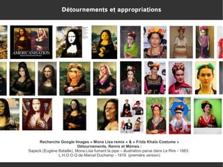 Détournements et appropriations

Recherche Google Images « Mona Lisa remix » & « Frida Khalo Costume »
Détournements, Remix et Mèmes :
Sapeck (Eugène Bataille), Mona Lisa fumant la pipe – illustration parue dans Le Rire - 1883.
L.H.O.O.Q de Marcel Duchamp - 1919 (première version)
http://www.pinterest.com/omrpsqr/joconde-mona-lisa/

 