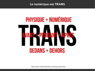 Le numérique est TRANS

Physique + Numérique

TRANS
Avant + Pendant + Après
Dedans + Dehors

http://omer.mobi/notes/le-numerique-est-trans
http://omer.mobi/notes/le-numerique-est-trans

 