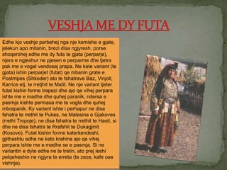 Edhe kjo veshje perbehej nga nje kemishe e gjate,
jelekun apo mitanin, brezi disa ngjyresh, porse
shoqerohej edhe me dy futa te gjata (perparje),
njera e ngjeshur ne pjesen e perparme dhe tjetra
pak me e vogel vendosej prapa. Ne kete variant (te
gjata) ishin perparjet (futat) qe mbanin grate e
Postrripes (Shkoder) ato te fshatrave Baz, Vinjoll,
Karrice etj, te rretjhit te Matit. Ne nje variant tjeter
futat kishin forme trapezi dhe ajo qe vihej perpara
ishte me e madhe dhe quhej paranik, ndersa e
pasmja kishte permasa me te vogla dhe quhej
mbrapanik. Ky variant ishte i perhapur ne disa
fshatra te rrethit te Pukes, ne Malesine e Gjakoves
(rrethi Tropoje), ne disa fshatra te rrethit te Hasit, si
dhe ne disa fshatra te Rrafshit te Dukagjinit
(Kosove). Futat kishin forme katerkendeshi,
gjithashtu edhe ne keto krahina ajo qe vihej
perpara ishte me e madhe se e pasmja. Si ne
variantin e dyte edhe ne te tretin, ato prej leshi
pelqeheshin ne ngjyra te erreta (te zeze, kafe ose
vishnje).
 