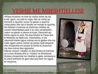 Pjese kryesore ne kete tip veshje eshte nje lloj
fundi i gjere, me pala te vogla. Nen te vishej nje
kemishe e ngushte, kurse ne pjesen e siperme
vishej jeleku dhe nje si fanelle me menge te ngushta.
Ne fshatrat e krahines se Zadrimes mbahej nje
variant mbeshtjellsje palat e se ciles vendoseshin
vetem ne pjesen e pasme te trupit. Zakonisht ajo
kishte ngjyre te zeze. Ne disa fshatra te Pukes dhe
te Malesise se Gjakoves, mbeshjellsa, e cila
zakonisht kishte ngjyre vishnje ose te gjelber dhe me
rralle ngjyre vjollce, kishte nje pamje mjaft elegante
dhe shoqerohej me eorape te leshta te zbukuruar
me disa motive disa ngjyreshe.
Ndersa varianti i mbajtur ne disa fshatra te krahines
se Lumes (Kukes) dhe ai i mbajtur ne Shishtavec
(Kukes) shoqerohej me mbathje te gjata, kembezat e
te cilave beheshin te gjera dhe prej leshi me ngjyra
te ndryshme.
 