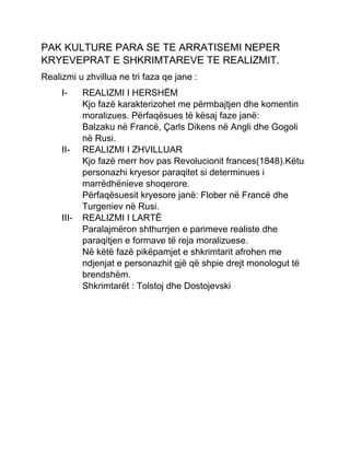 PAK KULTURE PARA SE TE ARRATISEMI NEPER
KRYEVEPRAT E SHKRIMTAREVE TE REALIZMIT.
Realizmi u zhvillua ne tri faza qe jane :
I- REALIZMI I HERSHËM
Kjo fazë karakterizohet me përmbajtjen dhe komentin
moralizues. Përfaqësues të kësaj faze janë:
Balzaku në Francë, Çarls Dikens në Angli dhe Gogoli
në Rusi.
II- REALIZMI I ZHVILLUAR
Kjo fazë merr hov pas Revolucionit frances(1848).Këtu
personazhi kryesor paraqitet si determinues i
marrëdhënieve shoqerore.
Përfaqësuesit kryesore janë: Flober në Francë dhe
Turgeniev në Rusi.
III- REALIZMI I LARTË
Paralajmëron shthurrjen e parimeve realiste dhe
paraqitjen e formave të reja moralizuese.
Në këtë fazë pikëpamjet e shkrimtarit afrohen me
ndjenjat e personazhit gjë që shpie drejt monologut të
brendshëm.
Shkrimtarët : Tolstoj dhe Dostojevski
 