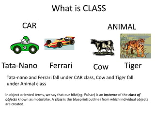 What is CLASS
CAR ANIMAL
Tata-Nano Ferrari Cow Tiger
Tata-nano and Ferrari fall under CAR class, Cow and Tiger fall
under Animal class
In object-oriented terms, we say that our bike(eg. Pulsar) is an instance of the class of
objects known as motorbike. A class is the blueprint(outline) from which individual objects
are created.
 