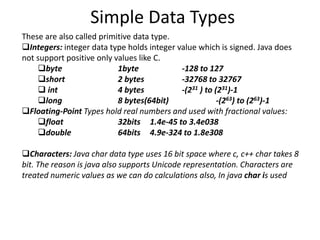Simple Data Types
These are also called primitive data type.
Integers: integer data type holds integer value which is signed. Java does
not support positive only values like C.
byte 1byte -128 to 127
short 2 bytes -32768 to 32767
 int 4 bytes -(231 ) to (231)-1
long 8 bytes(64bit) -(263) to (263)-1
Floating-Point Types hold real numbers and used with fractional values:
float 32bits 1.4e-45 to 3.4e038
double 64bits 4.9e-324 to 1.8e308
Characters: Java char data type uses 16 bit space where c, c++ char takes 8
bit. The reason is java also supports Unicode representation. Characters are
treated numeric values as we can do calculations also, In java char is used
 