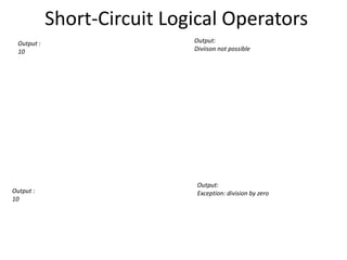 Short-Circuit Logical Operators
Output :
10
Output:
Diviison not possible
Output :
10
Output:
Exception: division by zero
 