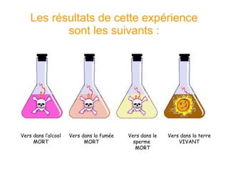 Les résultats de cette expérience sont les suivants : Vers dans l’alcool MORT Vers dans la fumée MORT Vers dans le sperme  MORT Vers dans la terre VIVANT 