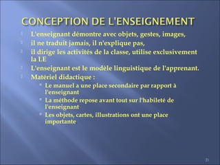 21
 L'enseignant démontre avec objets, gestes, images,
 il ne traduit jamais, il n'explique pas,
 il dirige les activités de la classe, utilise exclusivement
la LE
 L'enseignant est le modèle linguistique de l'apprenant.
 Matériel didactique :
 Le manuel a une place secondaire par rapport à
l'enseignant
 La méthode repose avant tout sur l'habileté de
l'enseignant
 Les objets, cartes, illustrations ont une place
importante.
 