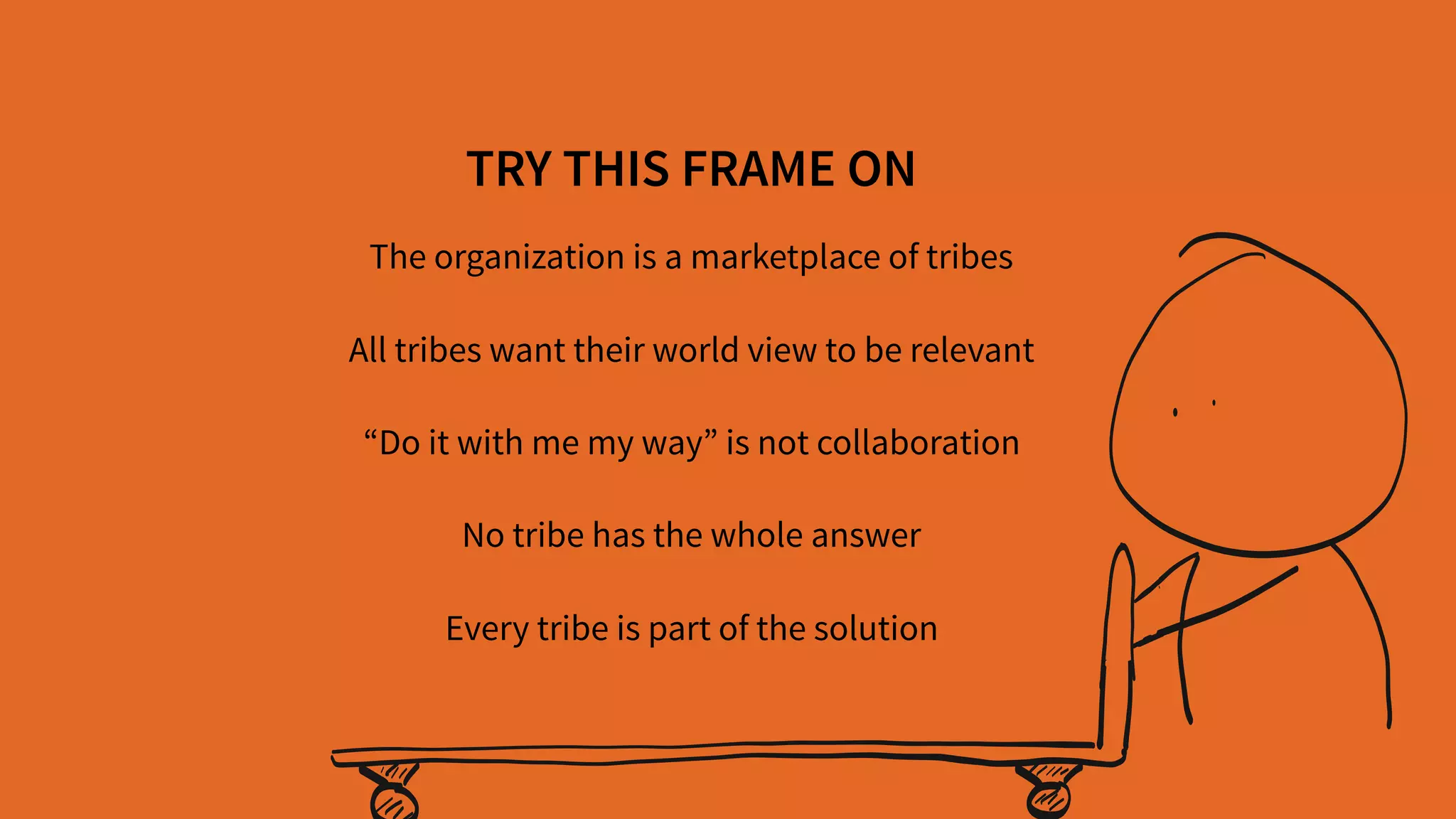 All tribes want their world view to be relevant
TRY THIS FRAME ON
“Do it with me my way” is not collaboration
No tribe has the whole answer
Every tribe is part of the solution
The organization is a marketplace of tribes
 