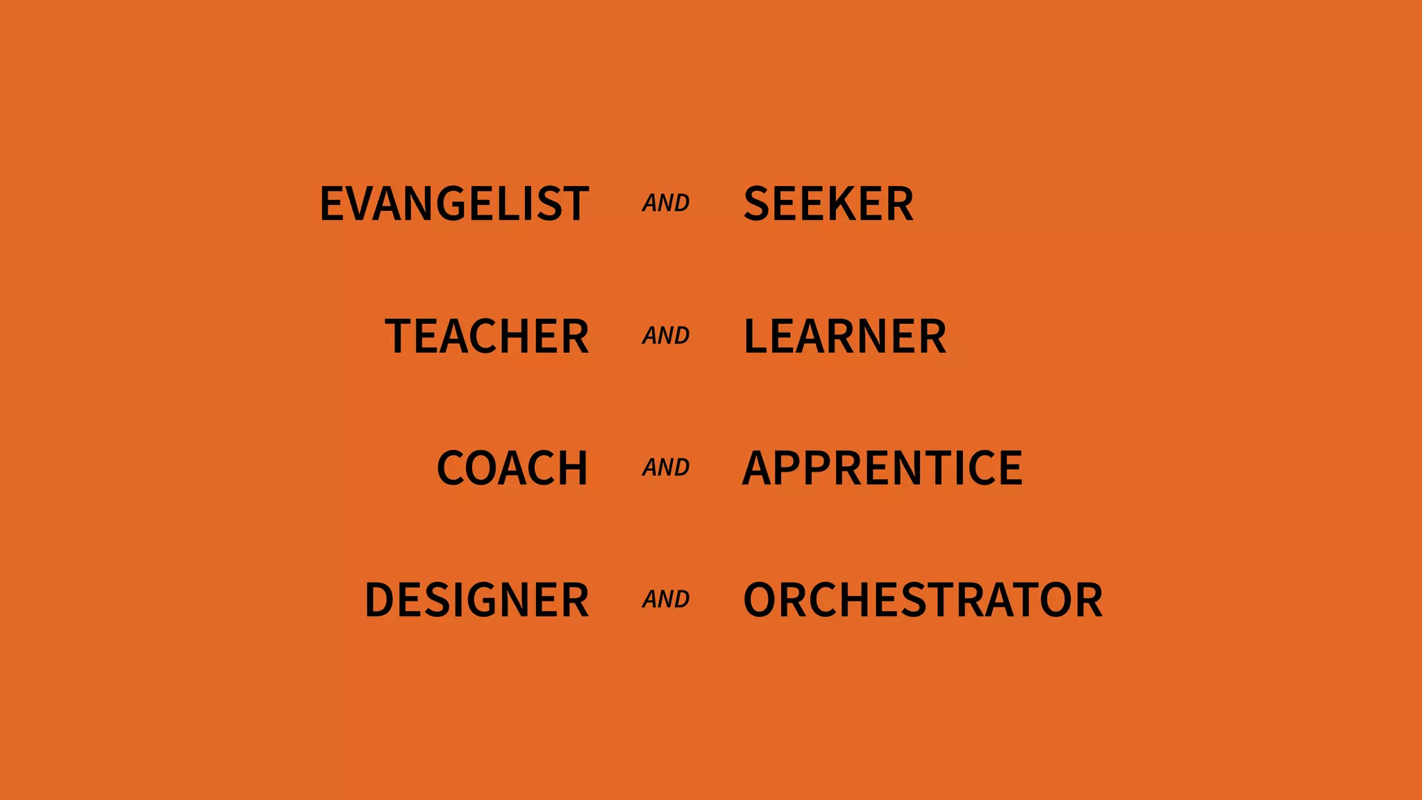 EVANGELIST
TEACHER
COACH
SEEKER
LEARNER
APPRENTICE
AND
AND
AND
DESIGNER ORCHESTRATORAND
 