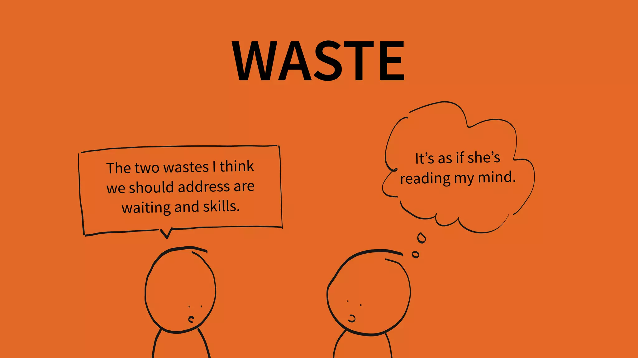 WASTE
The two wastes I think  
we should address are  
waiting and skills.
It’s as if she’s  
reading my mind.
 