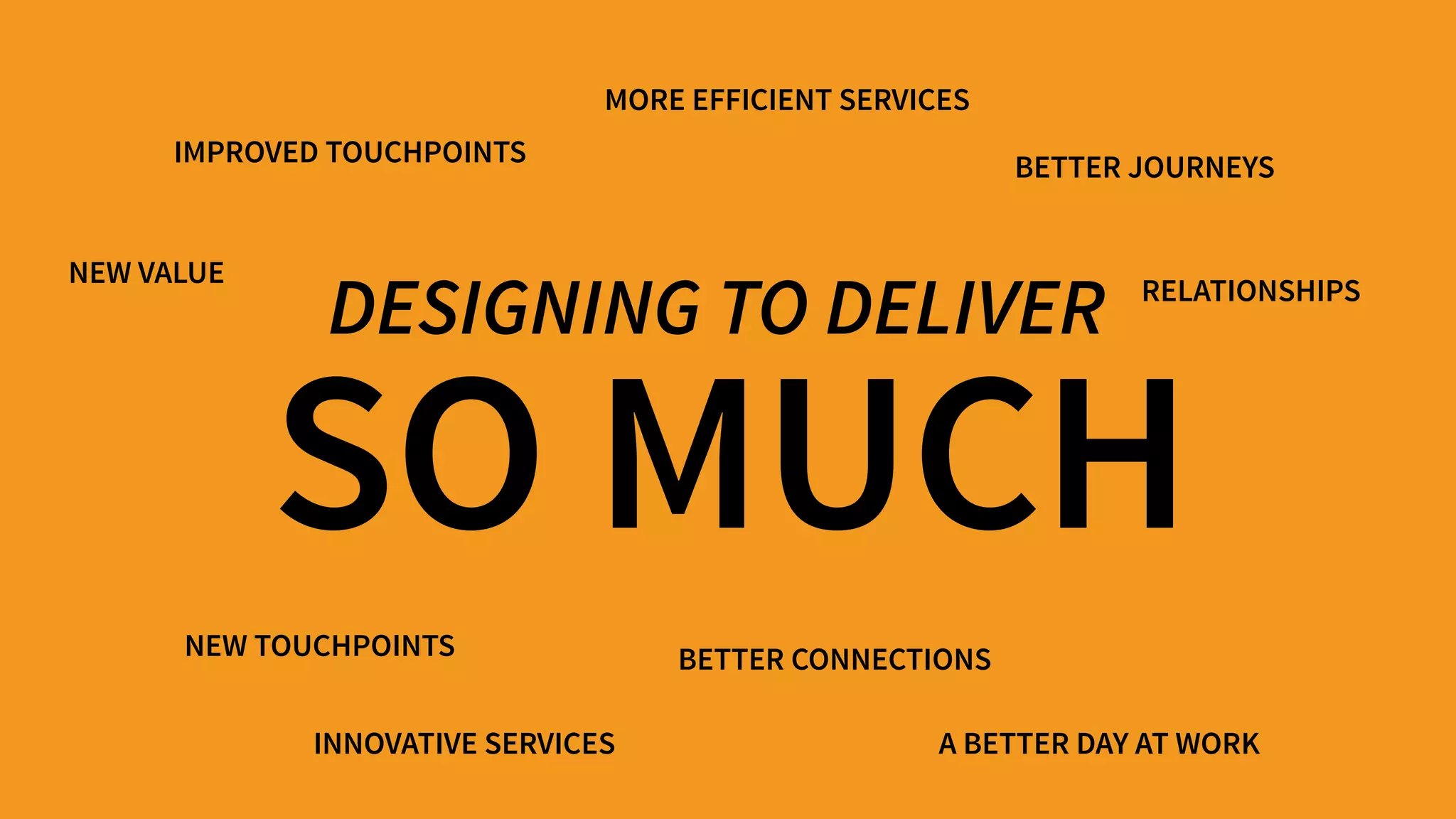 SO MUCH
IMPROVED TOUCHPOINTS
INNOVATIVE SERVICES
BETTER CONNECTIONS
MORE EFFICIENT SERVICES
BETTER JOURNEYS
DESIGNING TO DELIVER
NEW TOUCHPOINTS
RELATIONSHIPS
NEW VALUE
A BETTER DAY AT WORK
 