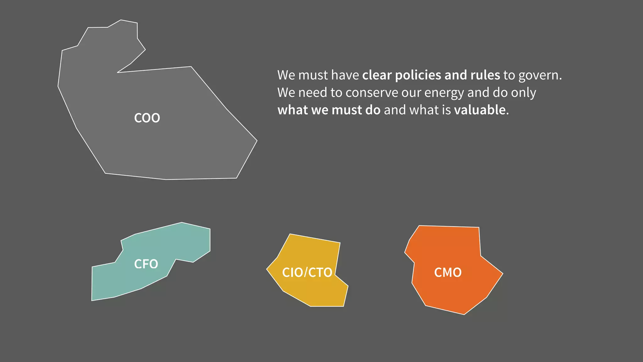 CFO
COO
CMO
We must have clear policies and rules to govern.
We need to conserve our energy and do only
what we must do and what is valuable.
CIO/CTO
 
