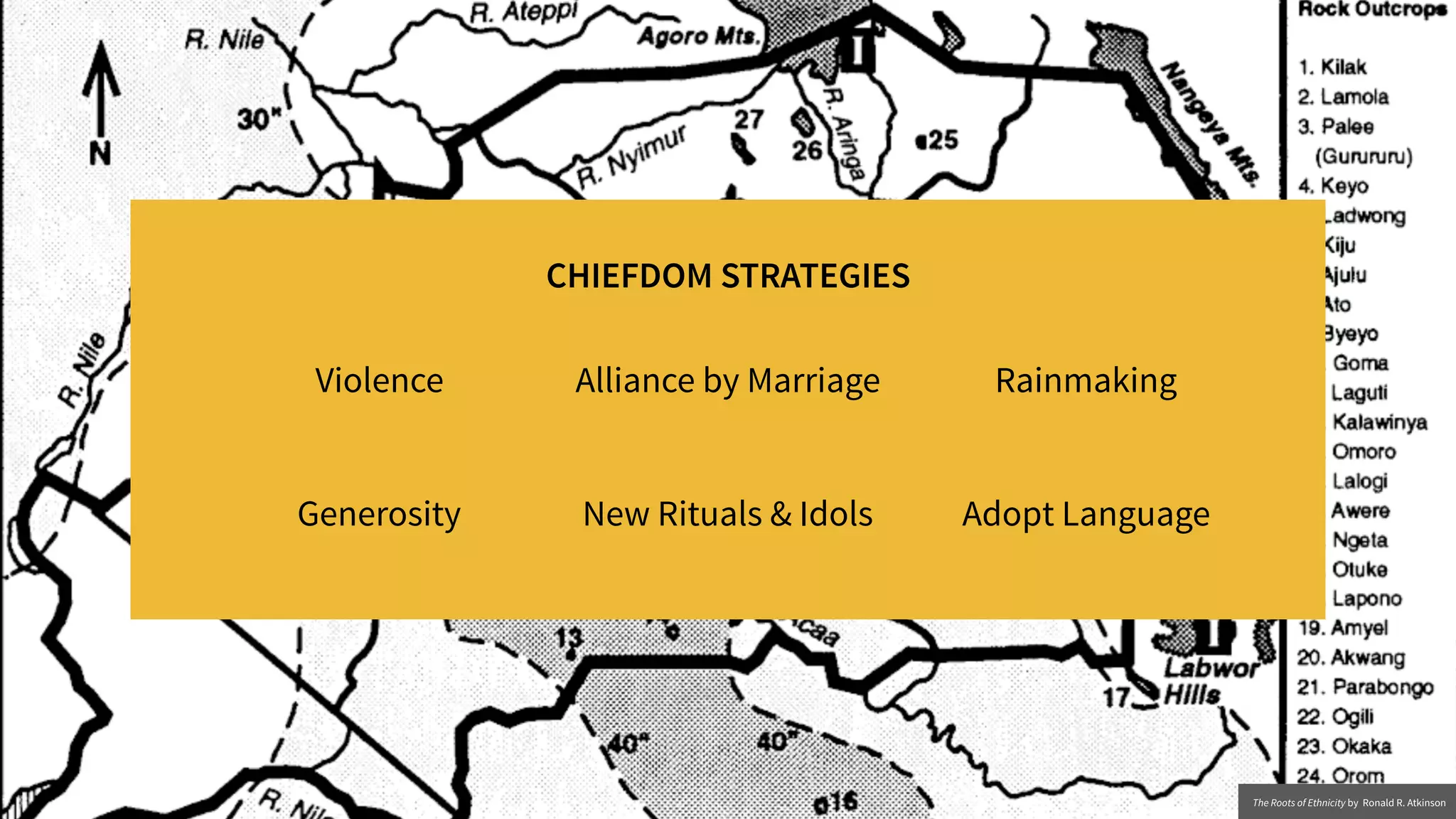 Violence
CHIEFDOM STRATEGIES
Alliance by Marriage
New Rituals & Idols
Rainmaking
Generosity Adopt Language
The Roots of Ethnicity by Ronald R. Atkinson
 