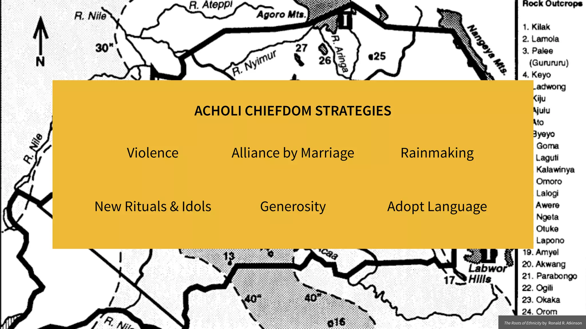 Violence
ACHOLI CHIEFDOM STRATEGIES
Alliance by Marriage
Generosity
Rainmaking
New Rituals & Idols Adopt Language
The Roots of Ethnicity by Ronald R. Atkinson
 