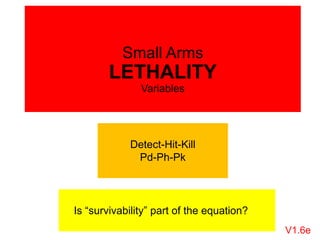 Small Arms
LETHALITY
Variables
V1.6e
Detect-Hit-Kill
Pd-Ph-Pk
Is “survivability” part of the equation?
 